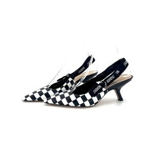 Dior J’adior Black White Checkered Slingback Heeled Pointed Toe Pumps 37.5